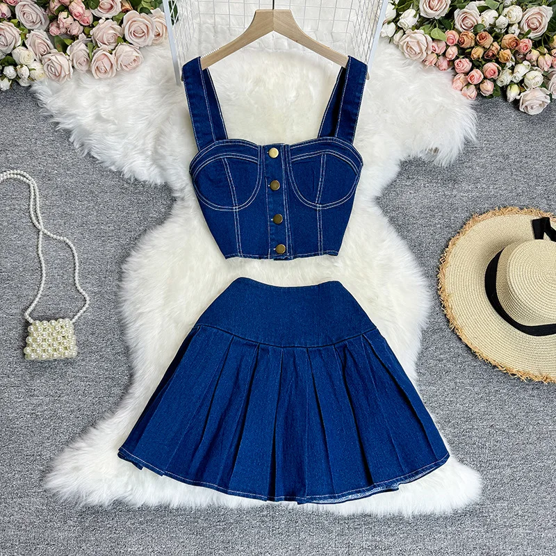 

Denim Dress Stets Two Pieces Sleeveless Women Pullover Tanks Sexy Slim Fit High Street Skirts Pleated Mini Solid Button