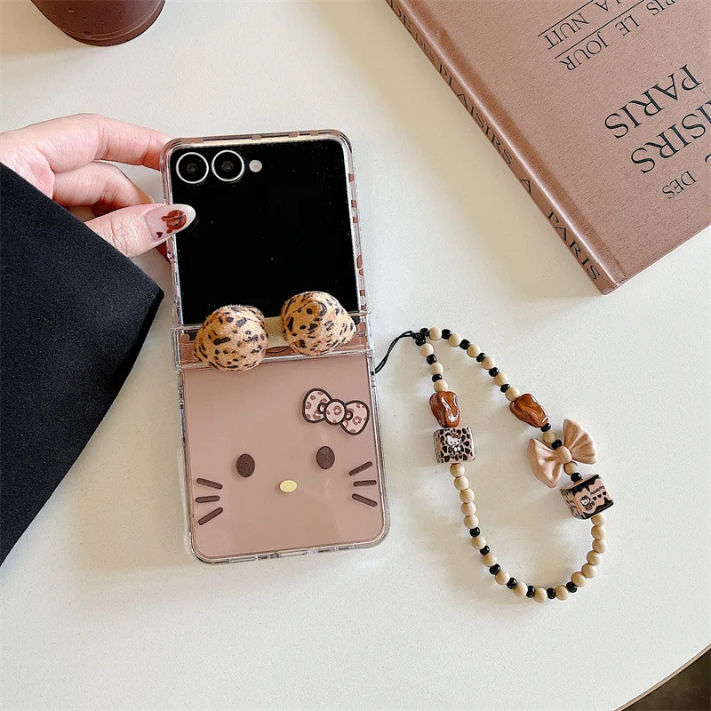 Funda de teléfono plegable con lazo 3D y estampado de leopardo de Hello Kitty para Samsung Galaxy Z Flip 7 6 5 4 3 FE con cubierta a prueba de golpes con cadena
