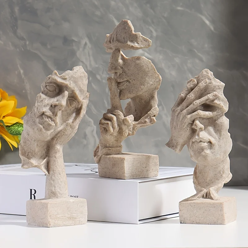 

【Customer Favorite】3Sandstone Thinker Statue Set - Abstract Art Sculpture，Silent Meditation，Invisible and Silent - Modern Living