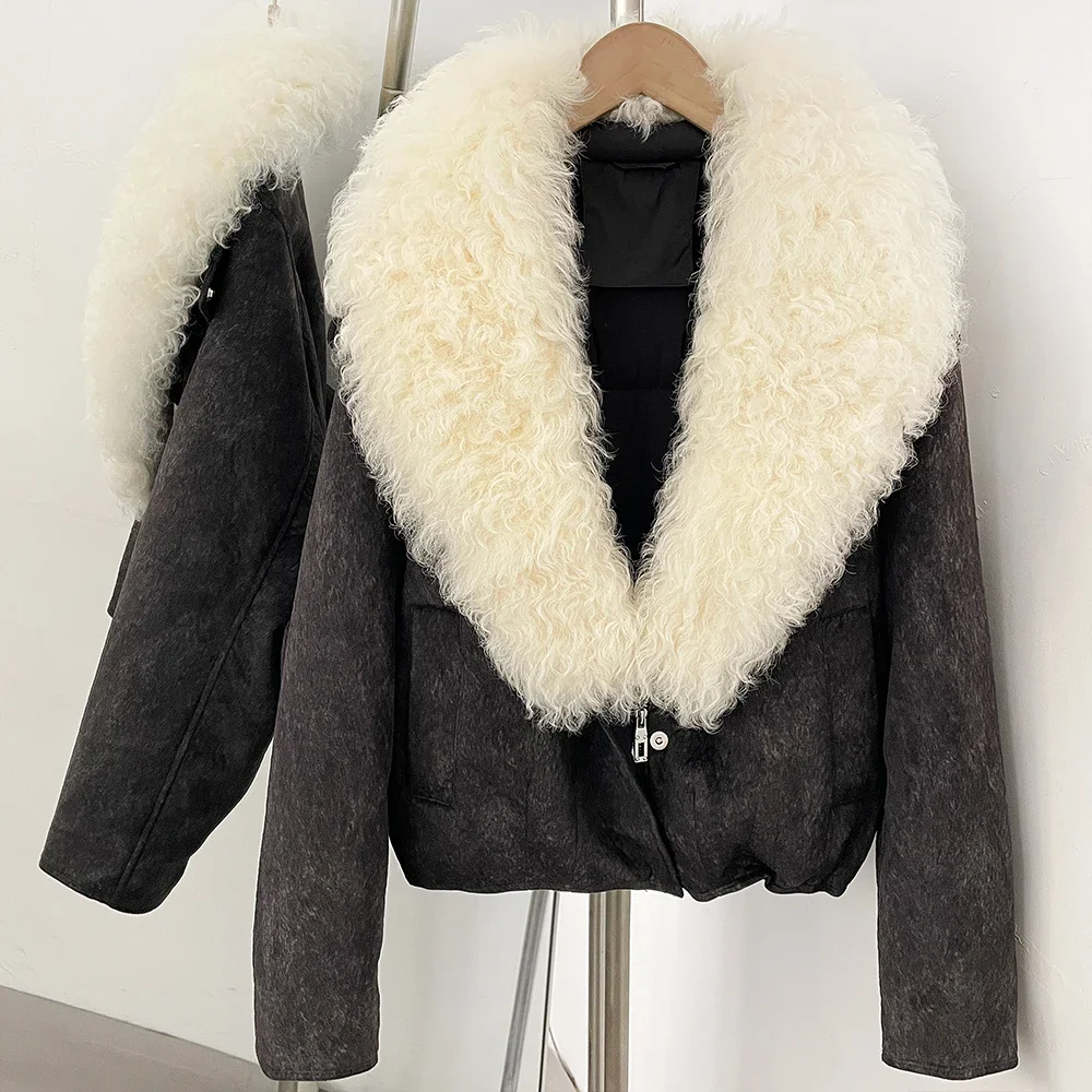 OFTBUY Echter Lammfellkragen Warmer Dicker Puffermantel Kurze Reißverschlussjacke mit Fell für Damen Neue Winter-Daunenkleidung für Frauen – Detail 9