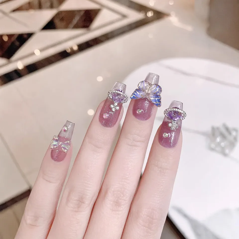 10 piezas de uñas de presión hechas a mano de lujo ligero, uñas brillantes de planeta aurora, mariposa púrpura y planeta, removibles 3