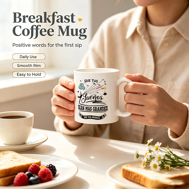 Spanish Inspirational Slogan Ceramic Coffee Mug Dream Quote Star Cloud Pattern White Porcelain Tea Cup Encouraging Novelty Gift
