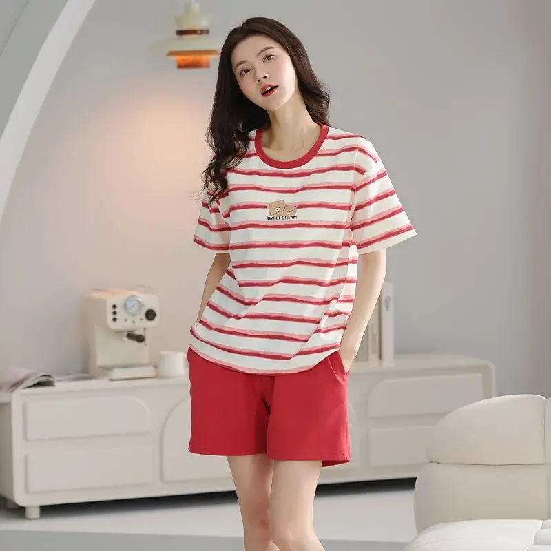 

Летние повседневные пижамные комплекты с короткими рукавами в полоску из 100% хлопка для женщин, корейские свободные шорты, одежда для сна, домашняя одежда, пижамы, женская одежда
