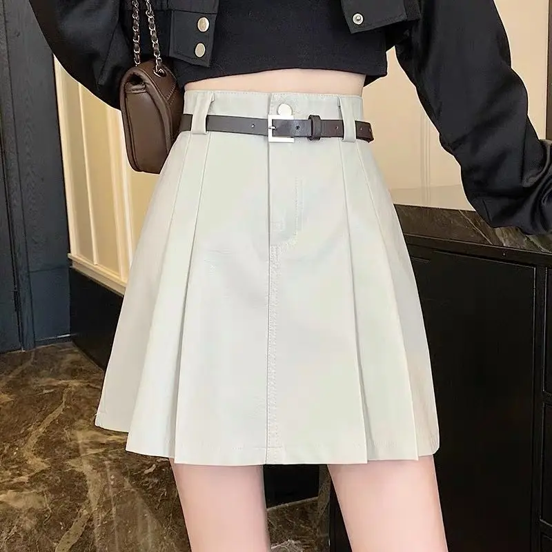 Women Faux Leather Skirt Midi Dress for Woman 2026 New Fashion Black/Apricot A-line Pleated Skirt