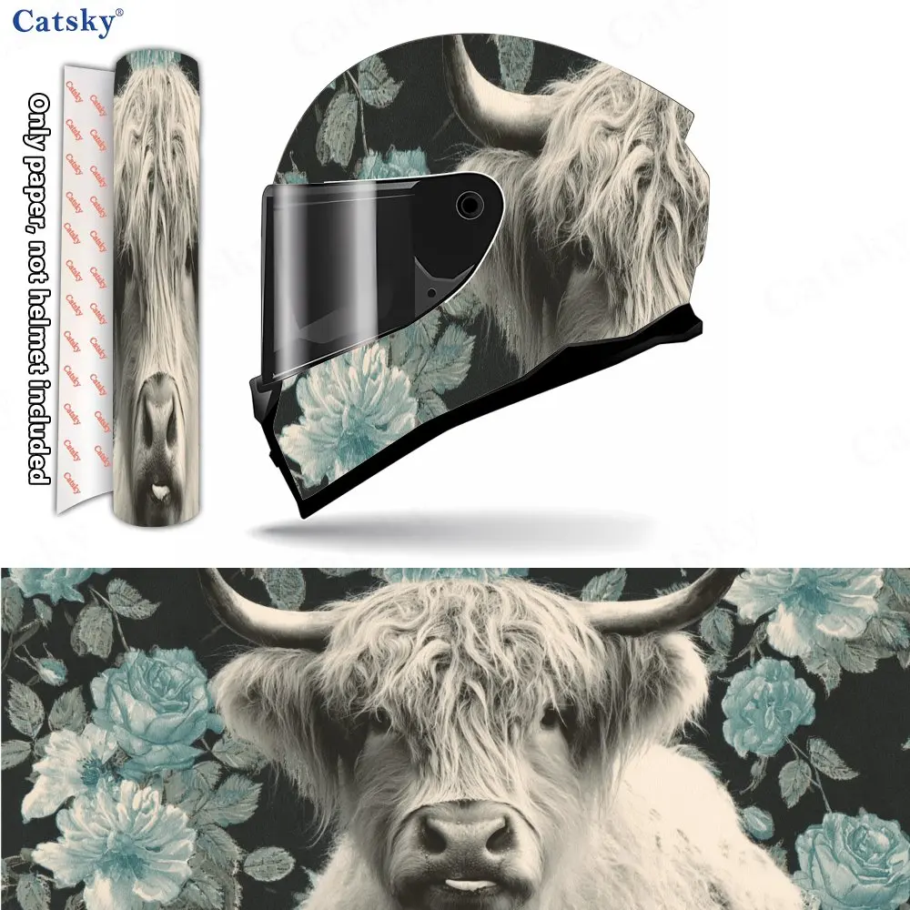 

Blue Flower Highland Cow Art Sketch Helmet Vinyl Wraps, Waterproof Scratch-Resistant Full Face Helmet Decals, Durable PVC Decora