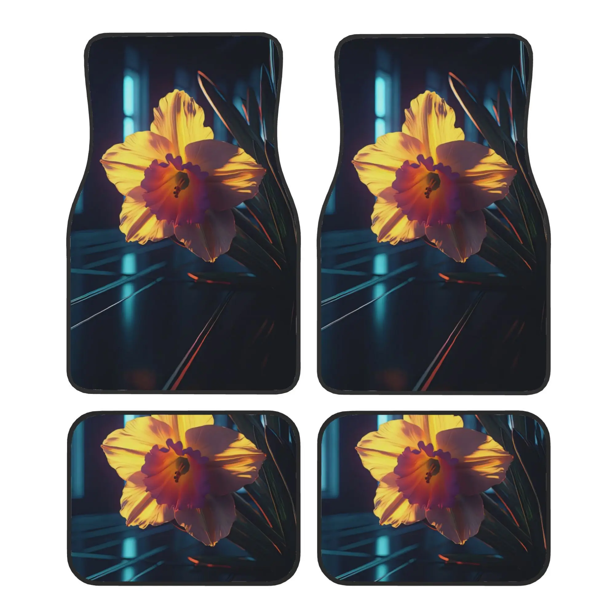 4pcs There Is A Yellow Flower Sitting In A Vase On A Table Pattern Universal Car Floor Mats - Polyester Material, Non-Slip Liner