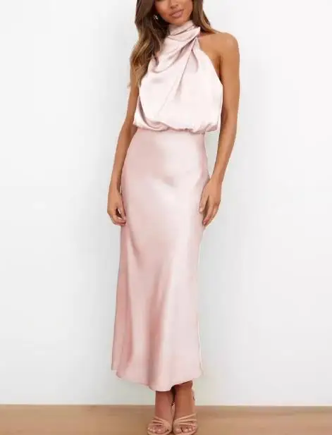 فستان لربيع وصيف بلون سادة من الساتان بدون أكمام، فستان سهرة خفيف أنيق ومزاج