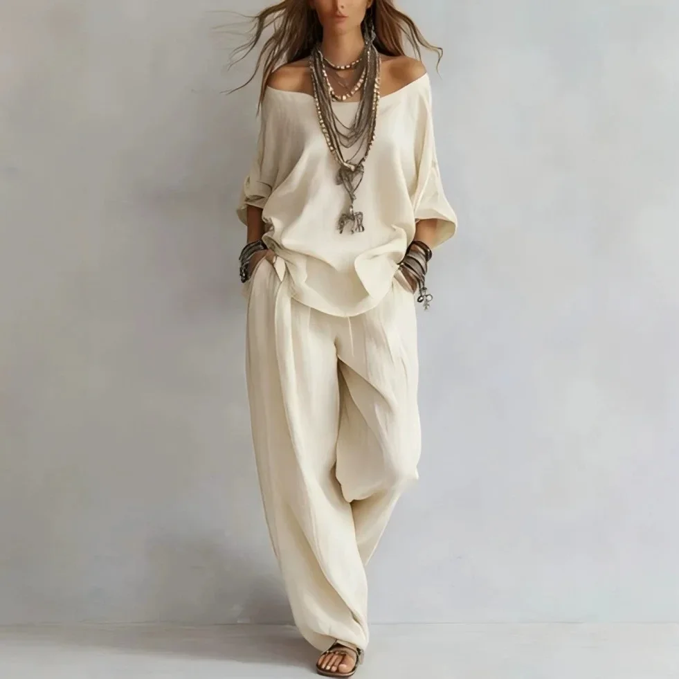 Women's Loose Blouse Pant Sets 2 Pcs Sale Casua Linen Loose Blouse Shirt&High Waist Pocket Wide Leg Trousers Suits