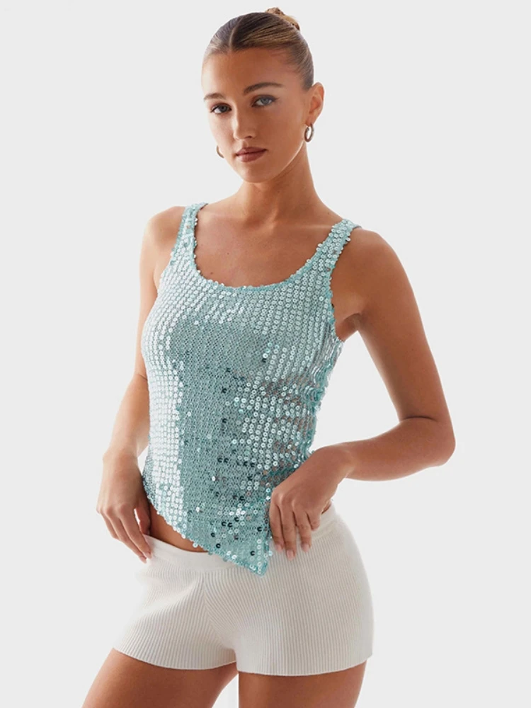 Sequined Tank Top Solid Crop Top Women Edgy Clothes Y2k Accessories Camison Verano Cute Tops Korean Fashion Clothing Ropa Mujer