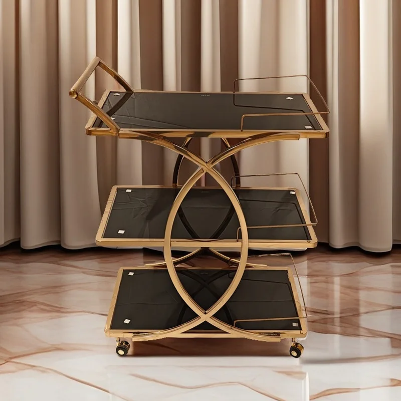European stainless steel rose gold three-layer cart tempered glass hotel lobby dessert cake delivery snack dining car
