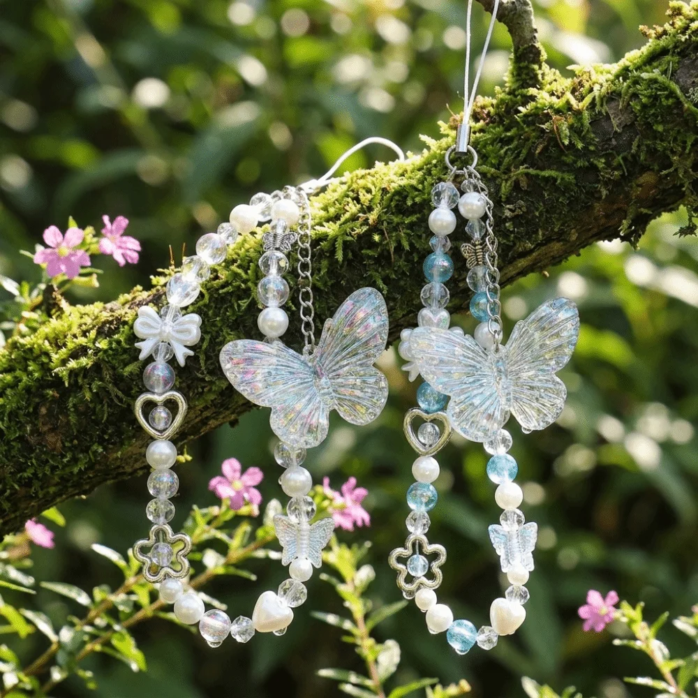 Ästhetischer Glänzender Perlen-Schlüsselanhänger Schillernder Holografischer Schmetterling Handy-Handgelenkriemen Vierfarbige Acryl-Lanyard-Kette Geschenk – Detail 6