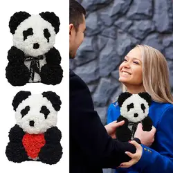 25cm Rose Flower Teddy Bear With Heart/ Bowtie Handmade Panda Doll For Valentine'S Day Birthdays Bridal Showers Party Gifts