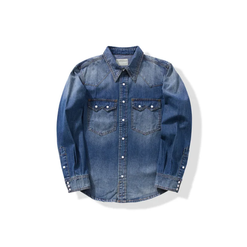 

Джинсовая рубашка Amekaji American Vintage Pearl Snap Washed Slub - мягкая мужская рабочая рубашка Raw Indigo