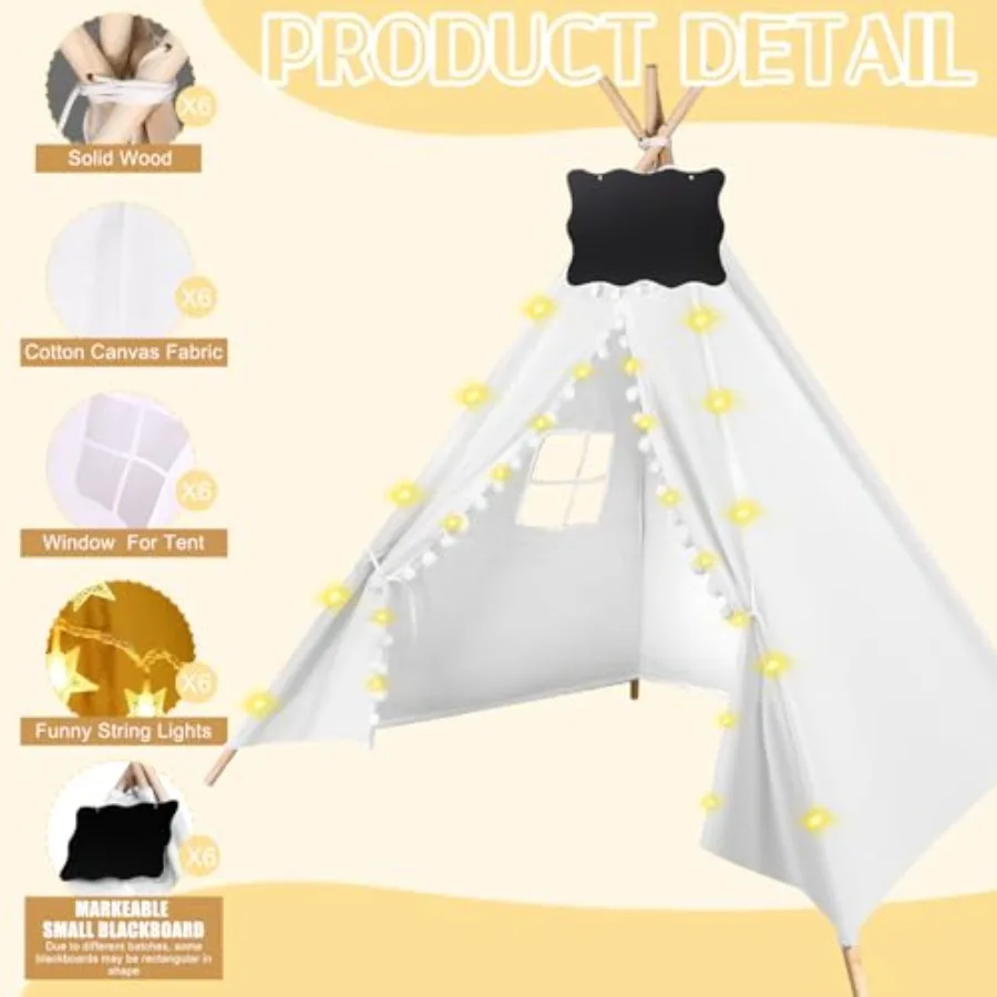 6 pacotes de tenda teepee para com luzes de corda de 10 pés, tenda teepee para jogos internos e externos para meninas e meninos, tendas dobráveis para aniversário