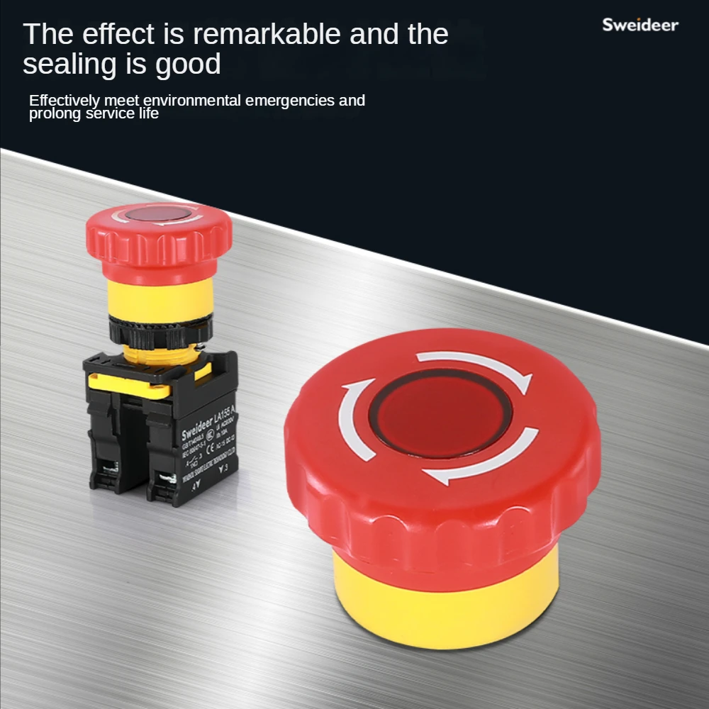 Cogumelo Interruptor De Botão De Parada De Emergência Com Luz, Controle De Potência, Interruptor De Arranque Elétrico, 220V, 10A, NC, 22mm