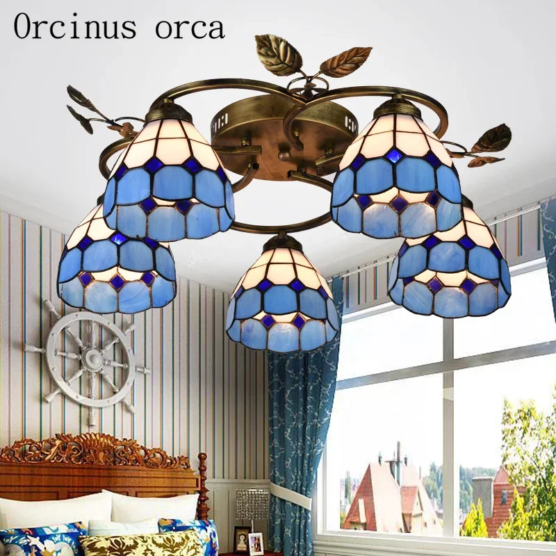 Mediterranean Blue ceiling lamps living room bedroom aisle simple European pastoral style stained glass ceiling lamps