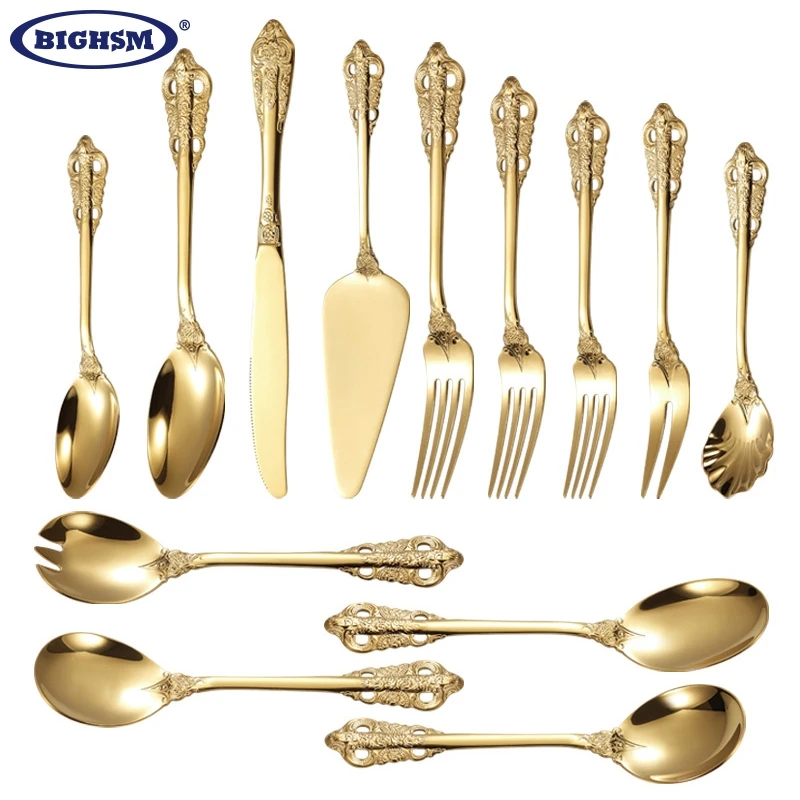 

Retro Styles Western Tableware Set Luxury Silver Stainless Steel Spoon Fork Dessert Fork Embossing Household Cutlery Set