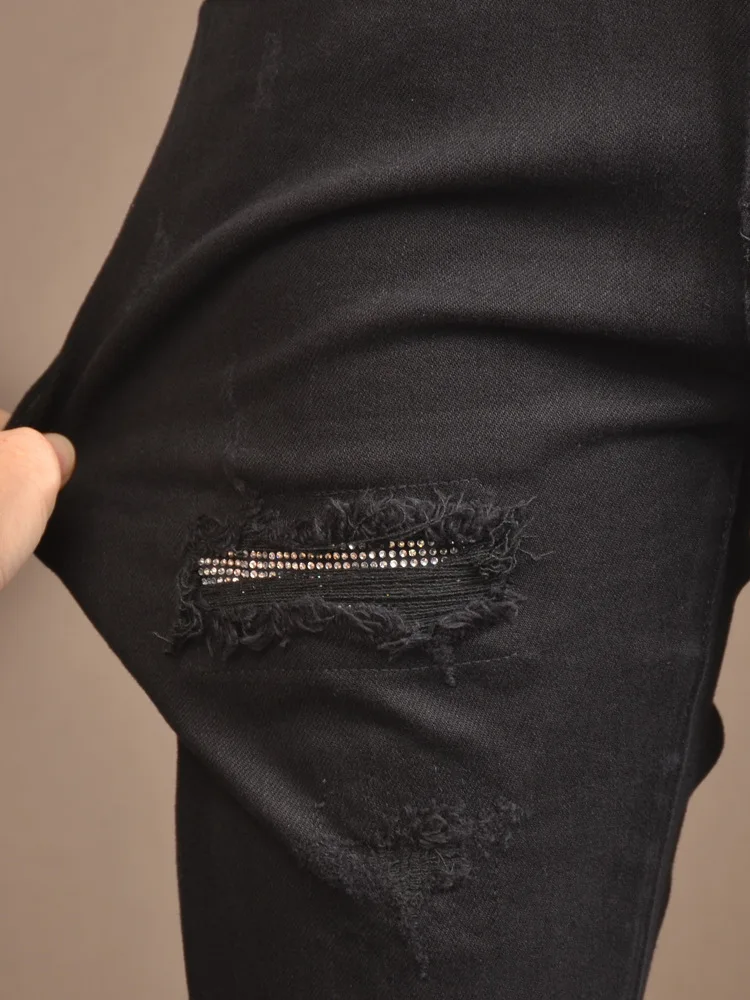 2023 New Black Ripped Jeans Men's Autumn and Winter Fashion Design Patch Stretch Casual Slim Fit Tapered Pants