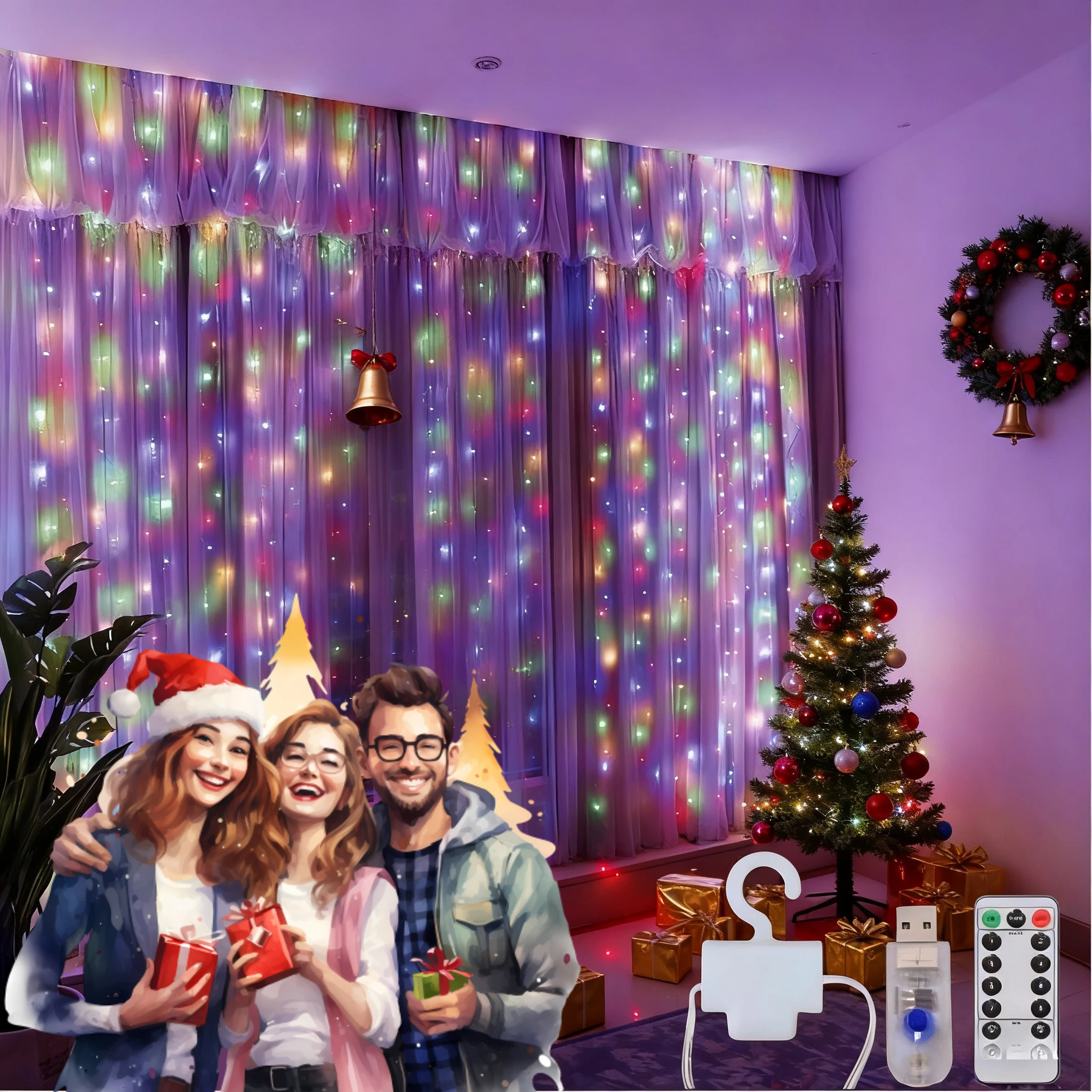 Christmas Lights LED Fairy String Curtain Lights 8 Mode Remote USB Festoon Christmas Decor For Home Holiday New Year Lamp
