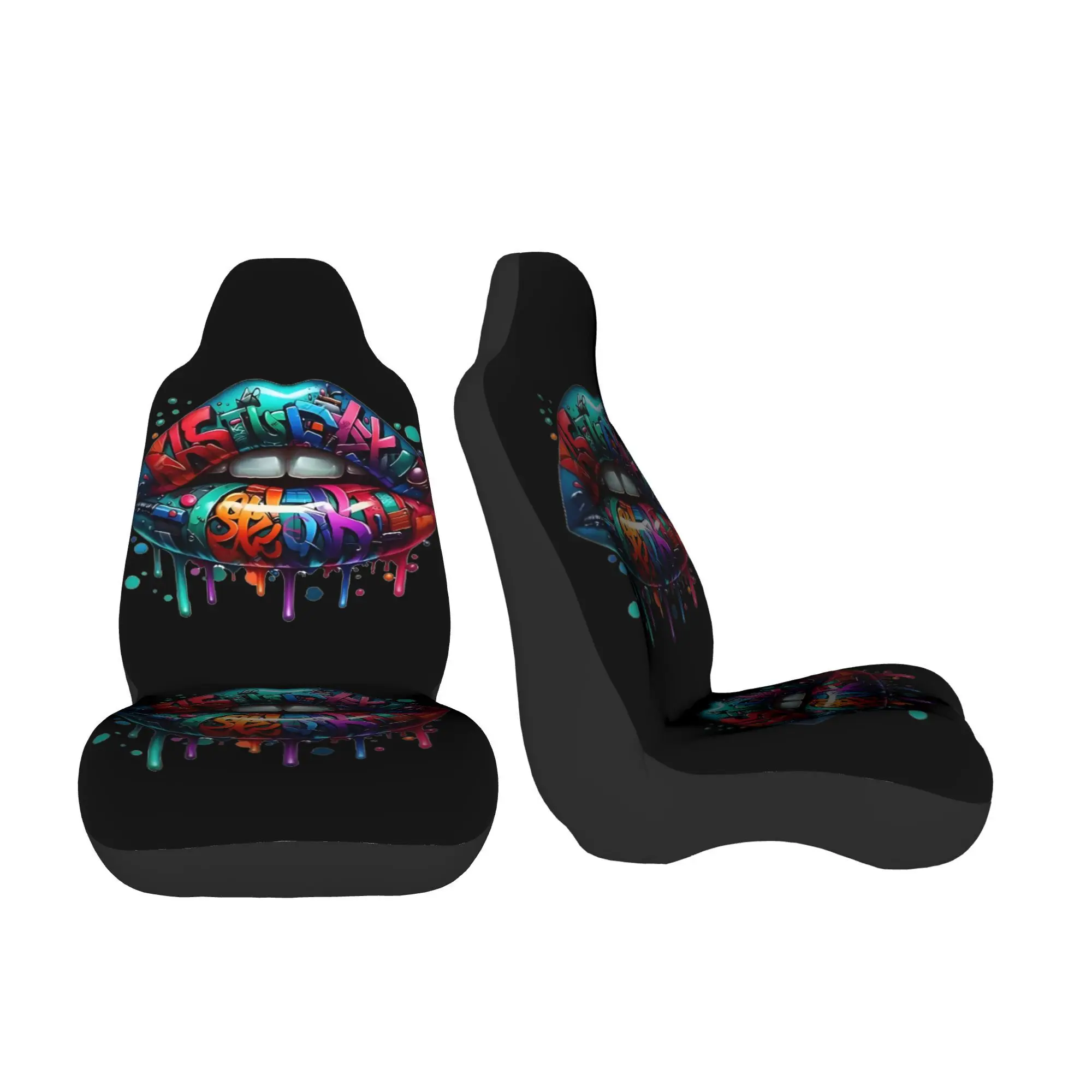 2pcs Street Style Graffiti Lip Print Car Seat Cover Set | Playful Cartoon Print, Universal Fit, Wear Resistant Polyester Fabric,