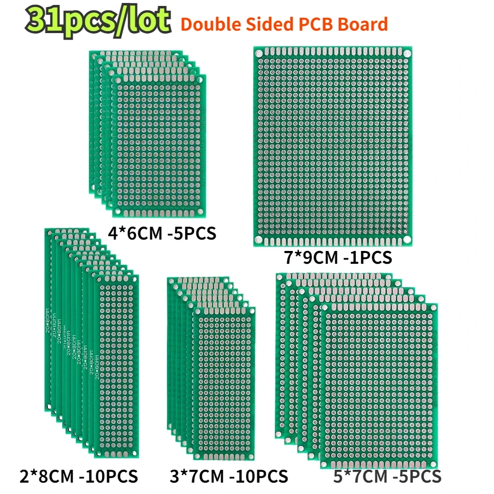 31pcs/lot Double Sided PCB Board 2x8cm 3x7cm 4x6cm 5x7cm 7x9cm Prototype PCB Kit Printed Circuit Universal Perfboard for DIY