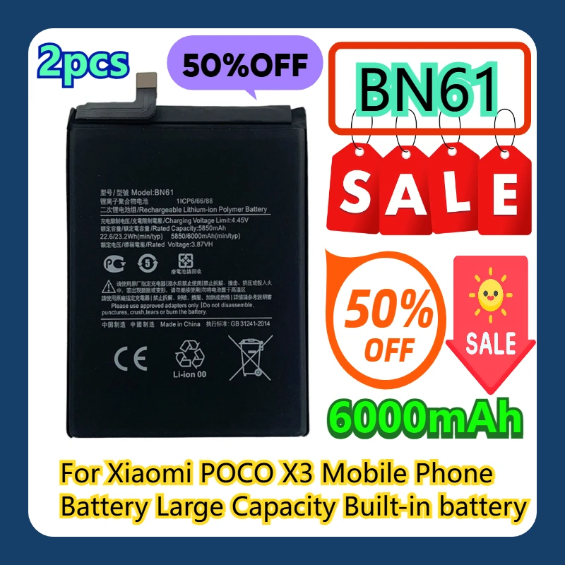 

For Xiaomi POCO X3 Mobile Phone Battery BN61 Large Capacity Built-in 6000mAh battery 2pcs