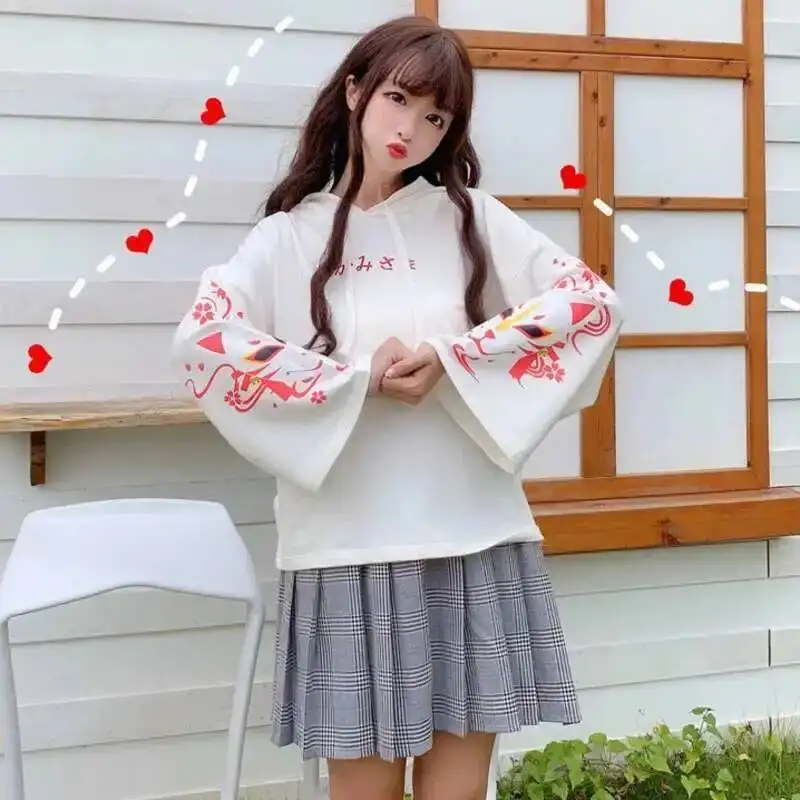 2025 Summer Harajuku Tee Shirts Women Flare Sleeves Fox Fairy Printed Hooded T-shirt Teenager Girls Kawaii Tee Shirt Cute Top