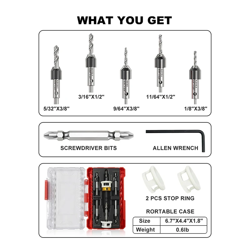 ABRE-5Pcs Hex Shank Countersink Drill Bits Set With Low Friction Depth Stop,1/4 Inch Quick Change Hex Shank Countersink Drill
