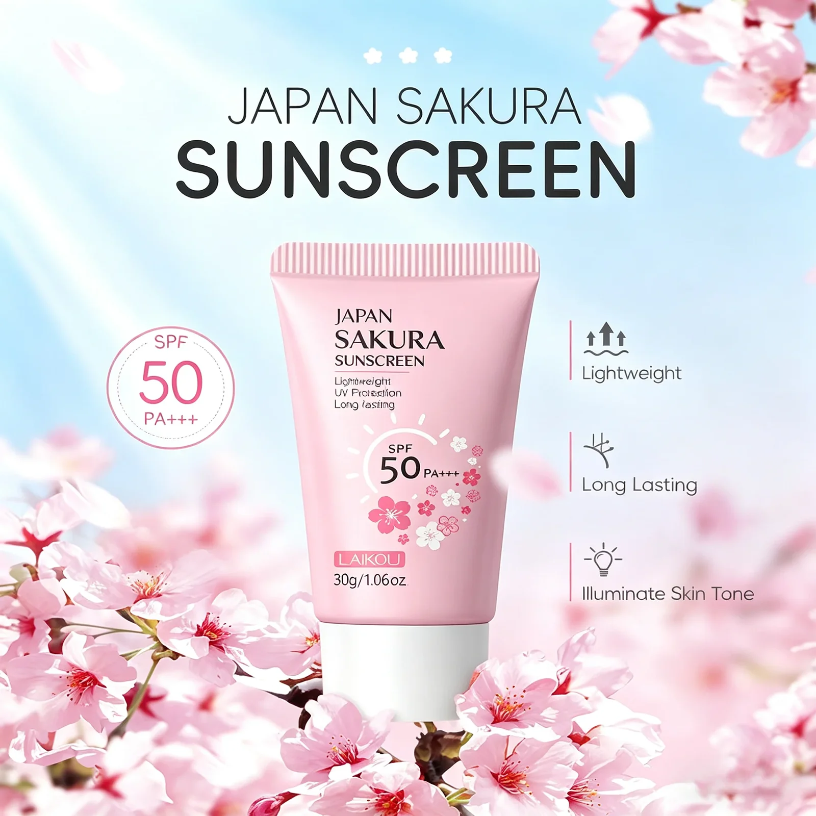 LAIKOU Japan Sakura Sunscreen Cream SPF50+ PA+++ UV Protection Waterproof Refreshing Moisturizing Concealer For Face Body 30g