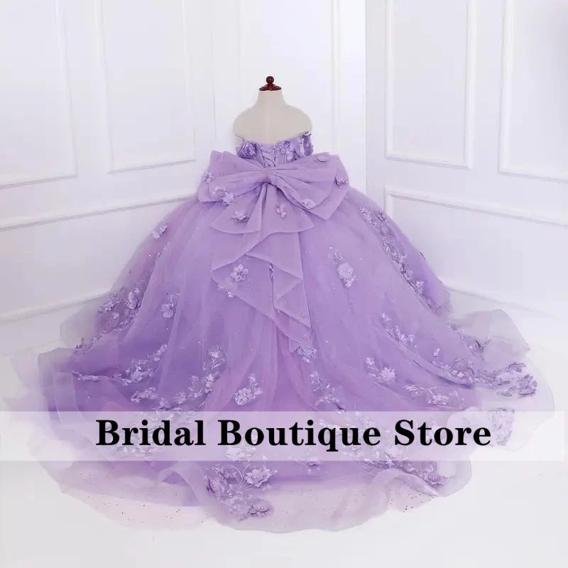 

3D Flowers Lavender Floor Length Train Flower Girl Dress For Wedding Sequins Bow Elegant Kids Birthday Bridesmaid Gown Customizd