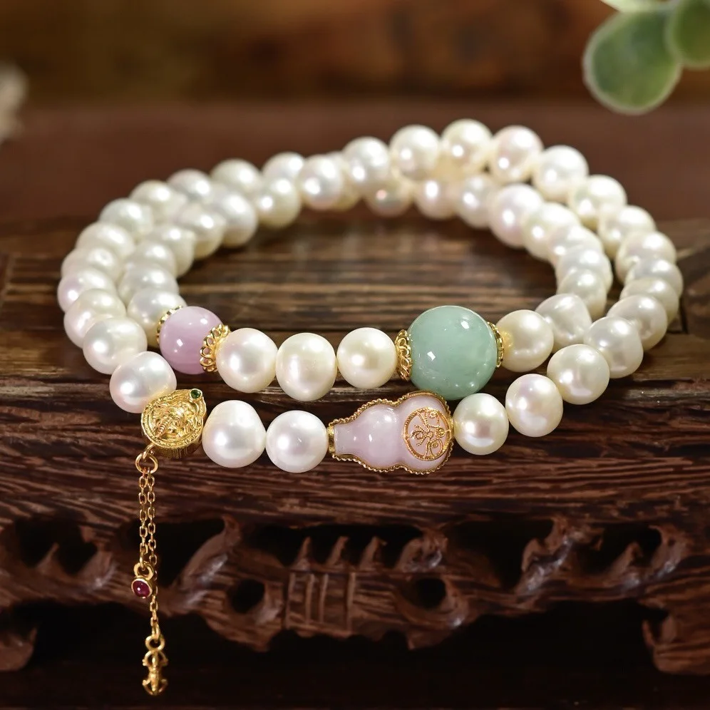 Natural Freshwater Pearl Double Bracelet, Green Jade Kunzite Gourd S925 Silver Ganesha, Chinese Fringe Bead Jewelry Gift