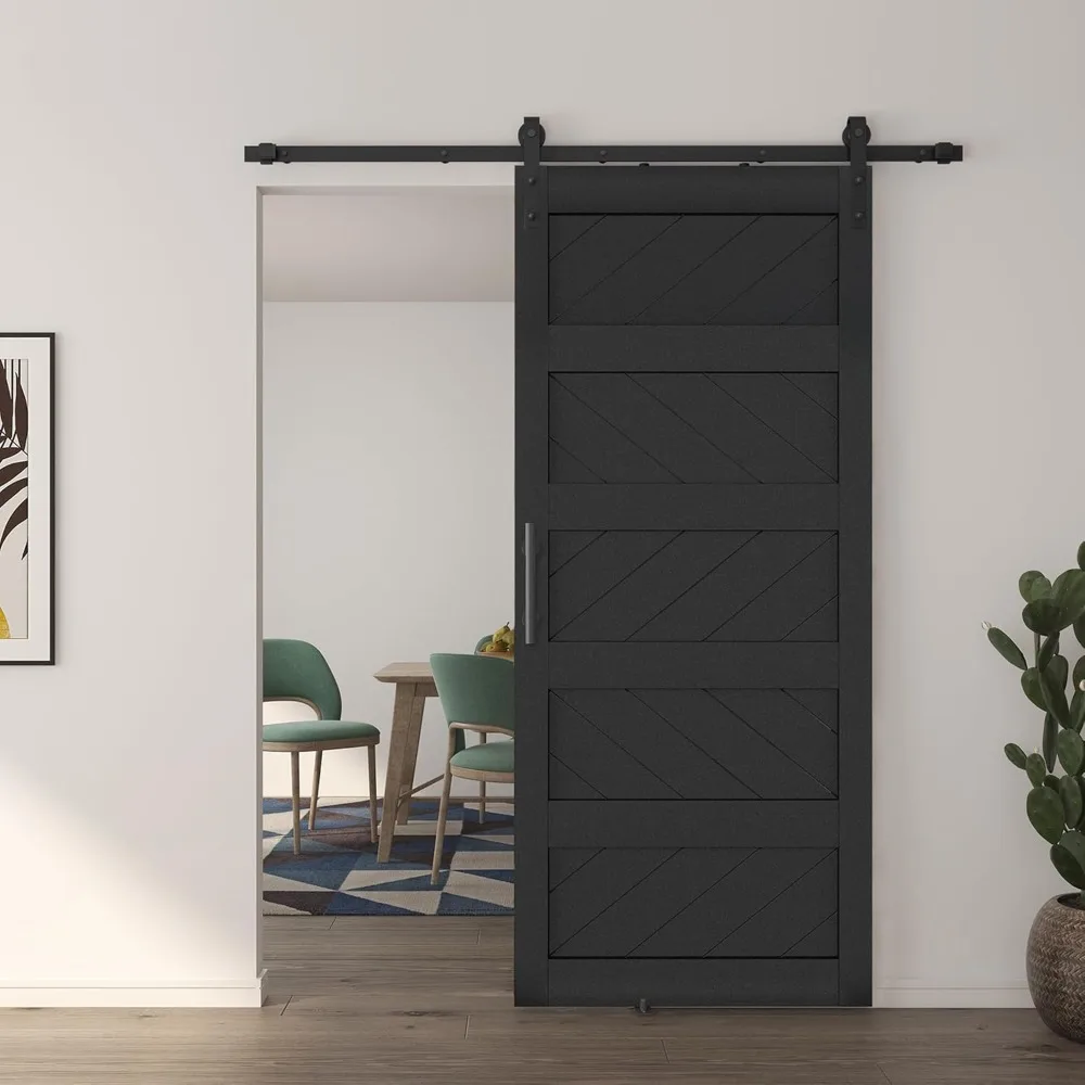 Barn Door, Slding Barn Door Kit Wave Shape Barn Door Panel with Hardware Kit Include, Easy Installation,Board Covered, Black