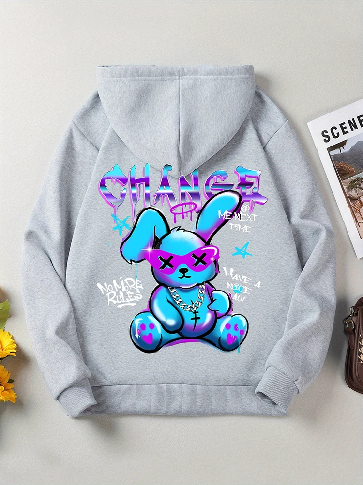 Trendy Sweatshirt Met Konijnencartoons En Print Damesmode All-Match Street Hoody Capuchon Casual Hoodies Oversized Kleding