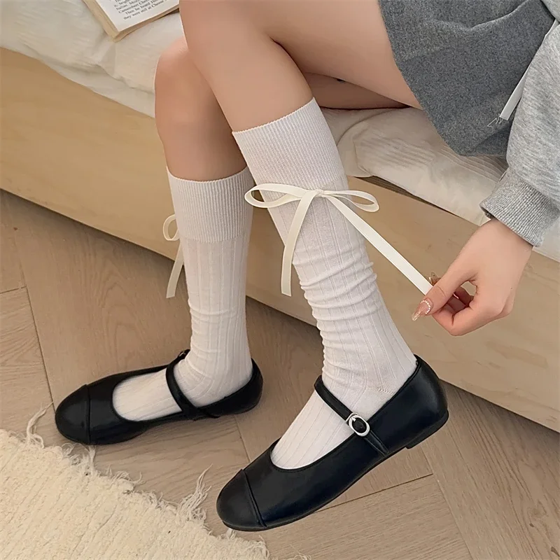 ロング丈レディースソックス 高品質 無地 リボン付き 可愛い ニーハイソックス 女の子向け 薄手 柔らかい キュート レディース ストッキング ストライプ柄 快適