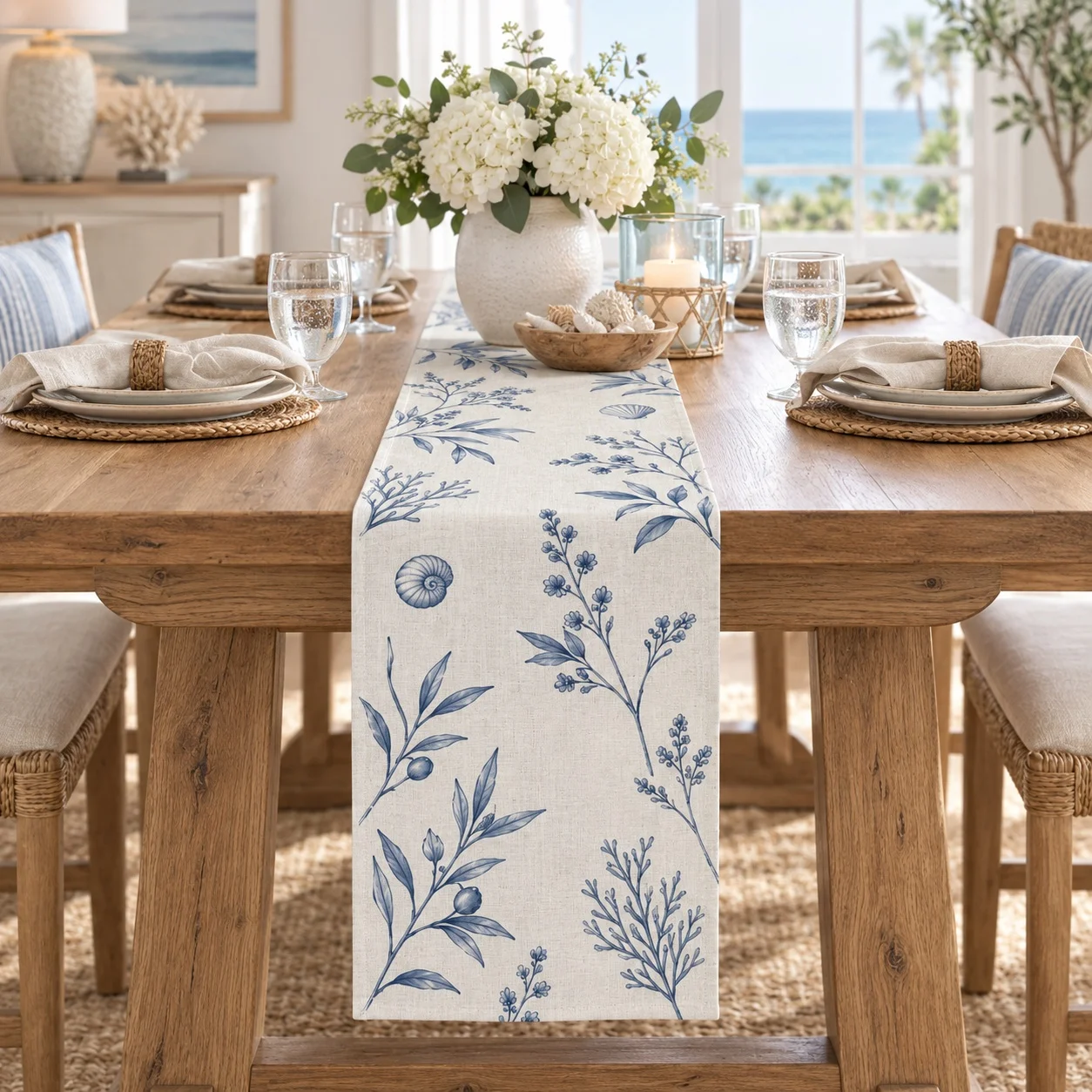 Blue Coastal Table Runner Botanical Shell Pattern Linen Style Dining Table Decor Beach House Farmhouse Home Decoration
