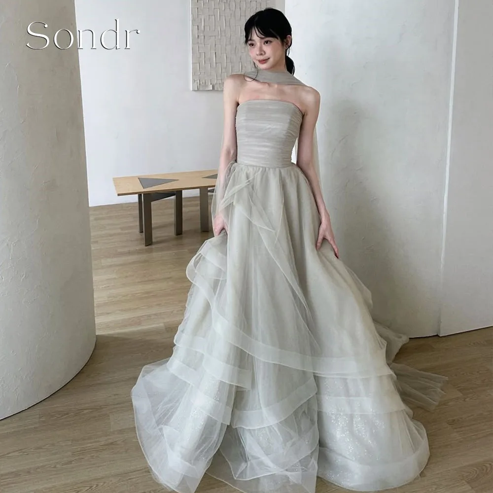 

Sondr Customized Silvery-Grey Korean Evening Gown Wedding Dresses Photo Shoot Strapless A Line Luxury Japanese Formal Event Gown