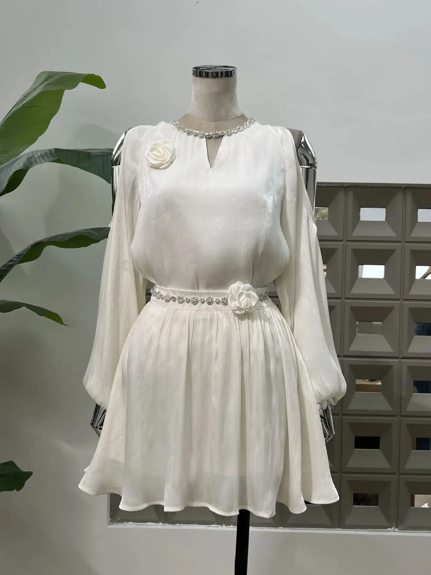 Women Two-Piece Dresses Off-Shoulder Blouse Flower Rhinestone Top Security Short Skirt Set Beach Party Vacation New Evening Gown