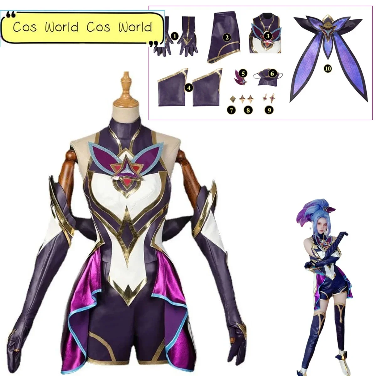 KDA Akali Cosplay Costume LOL Game KDA Women Purple Outfit Coat Pants Gloves Headwear Earrings