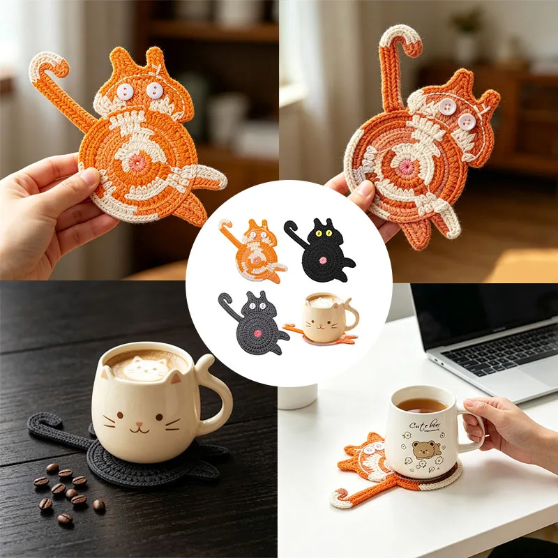 3-piece set of cute cat crochet coasters with creative and quirky design, insulated and non slip desktop decoration