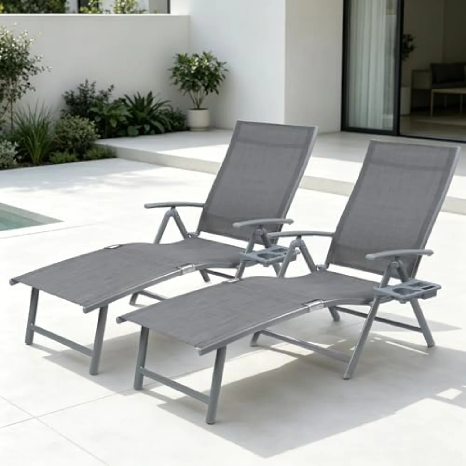 3 Pieces Aluminum Outdoor Chaise Lounge Chair | Adjustable Reclining Patio Lounge with Drink Holder, Weather-Resistant