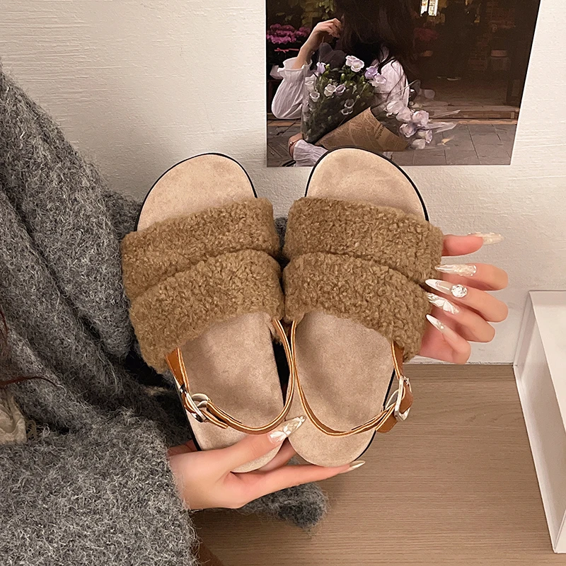 Lamb Wool Open-Toe Sandals for Women, Thick-Soled Fashionable Versatile Half-Slippers, 2026 Fall New Fairy-Style Furry Shoes