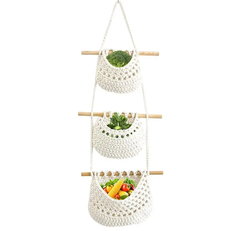 3-Tier Hanging Fruit Basket Handmade Woven Hanging Holder BOHO Wall Decor Storage Organizer For Kitchen Living Bathroom Bedroom