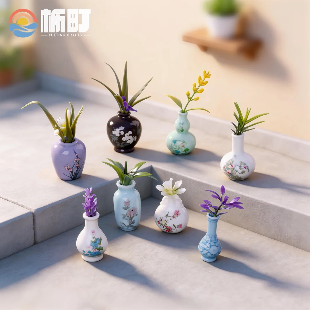 8Pcs Mini Vase Resin Figurine Imitation Porcelain Bottle Creative Micro Landscape Ornament DIY Home Desktop Decor Accessories
