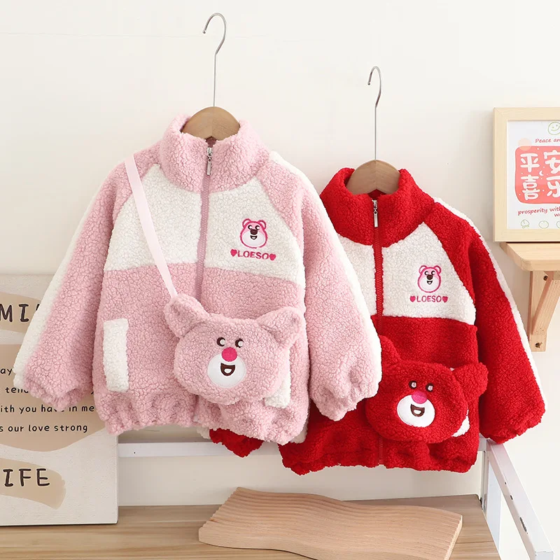 

Disney Girls' Winter New Bear Embroidery Fleece-Lined Thick Coat: Single Piece Outerwear for Kids, Warm & Cute