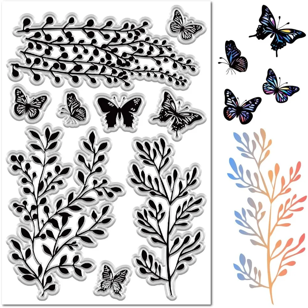 Ast-Stempel, Schmetterling, transparente Stempel, Kranz, Zweig, Pflanzen, Blätter, transparente Silikon-Siegelstempel, Siegel für Scrapbooking