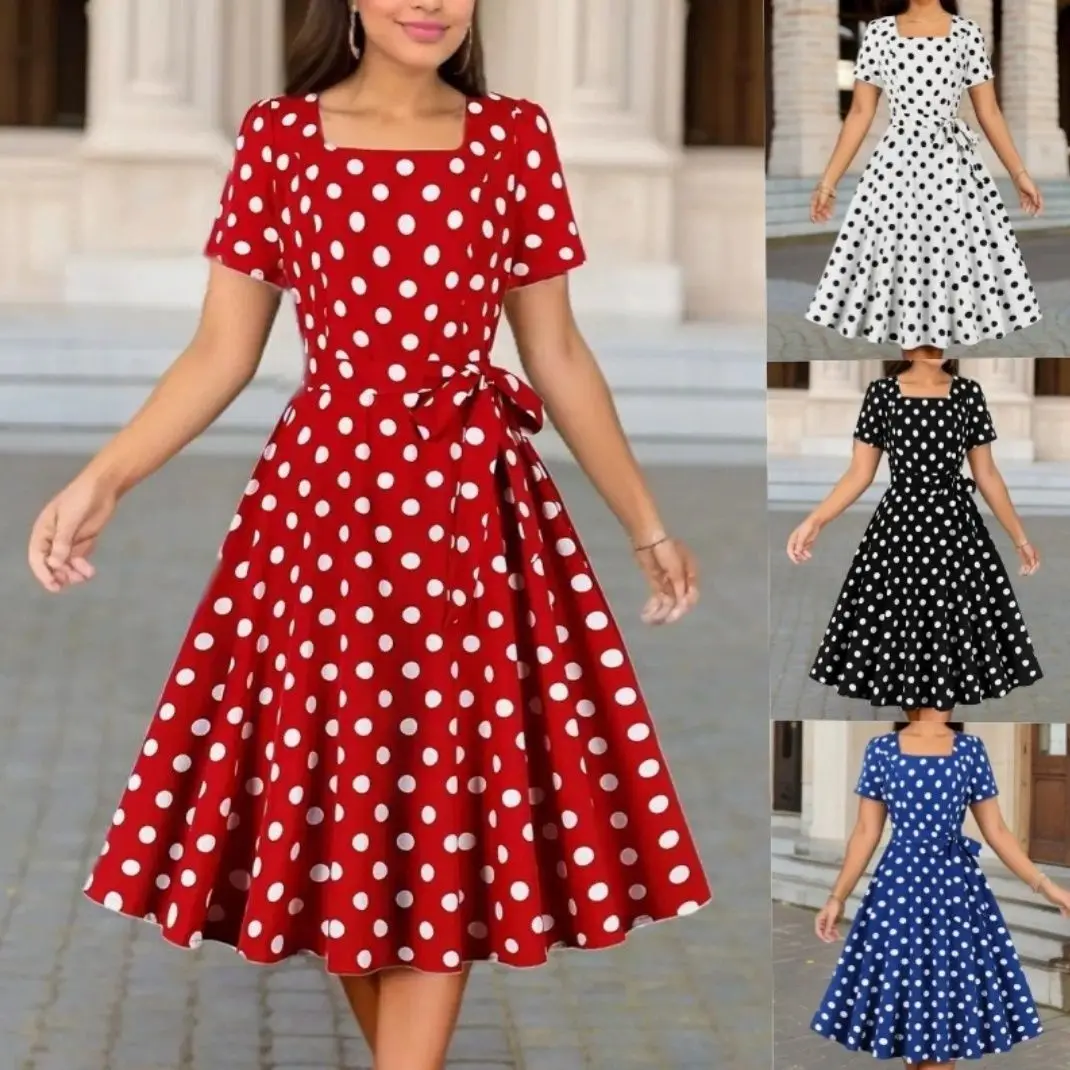 Women's Red Polka Dot Dress, Bodycon Slim Fit Tummy Control Skirt, Flowy Ruffle Hem Wrap Dress, Vintage Lady Summer Midi Dress