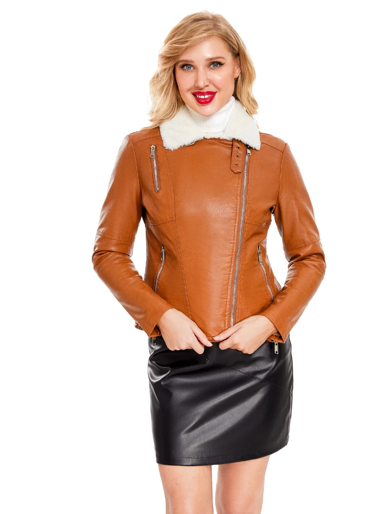 

2024 Europe and American Autumn Winter New Faux Leather Coat Women Clothing Zipper Lapel Long-sleeved Warm Solid Casual Jacket