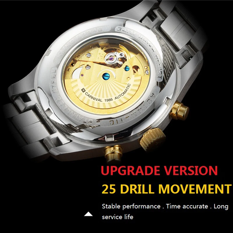 CARNIVAL Luxury Diamond Watch 2024 New Fashion Men Mechanical Watch Watches Stainless Steel Strap Luminous Waterproof Reloj 8734