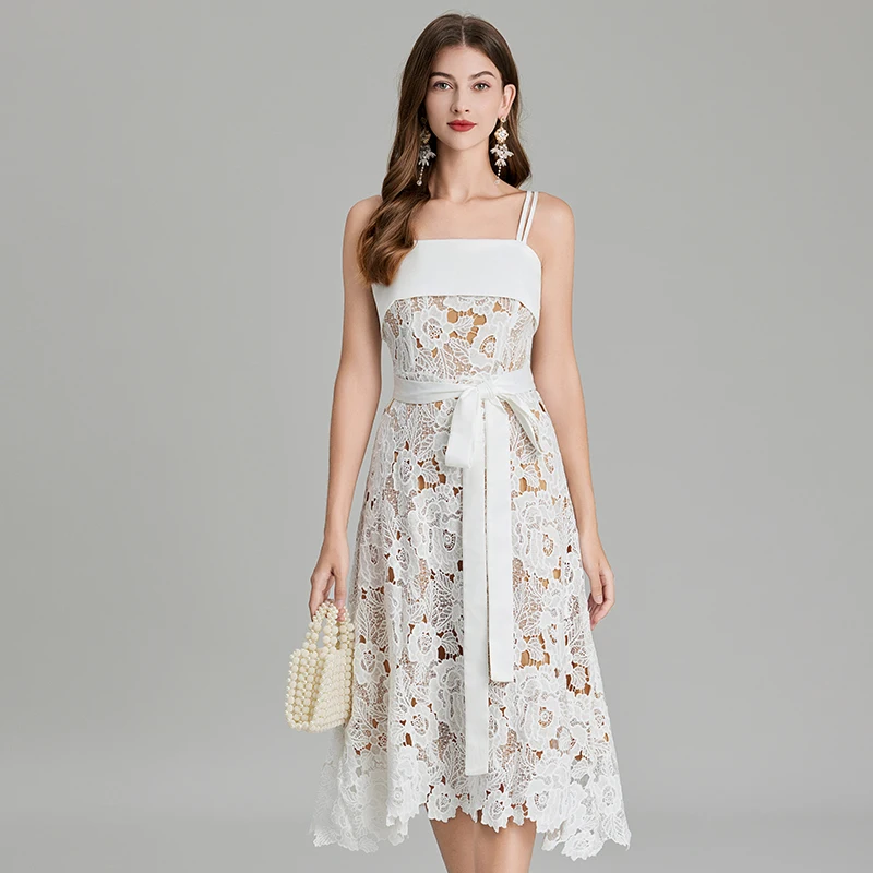

Женское кружевное платье на бретелях-спагетти, белое ажурное облегающее платье с открытой спиной и цветочным принтом, лето 2024