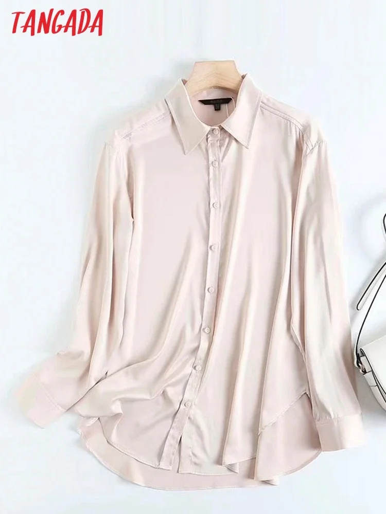 Tangada 2022 Women Classic Satin Shirt Turn Down Collar Long Sleeve Chic Female Casual Tops Blusas 4C29